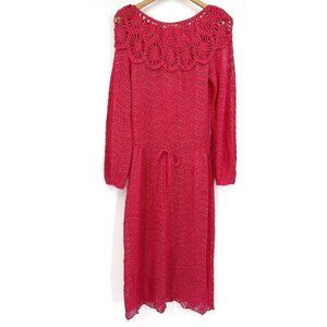 Oscar De La Renta Vintage 1970 Pink Crochet Long Sleeve Wool RARE 12 Dress